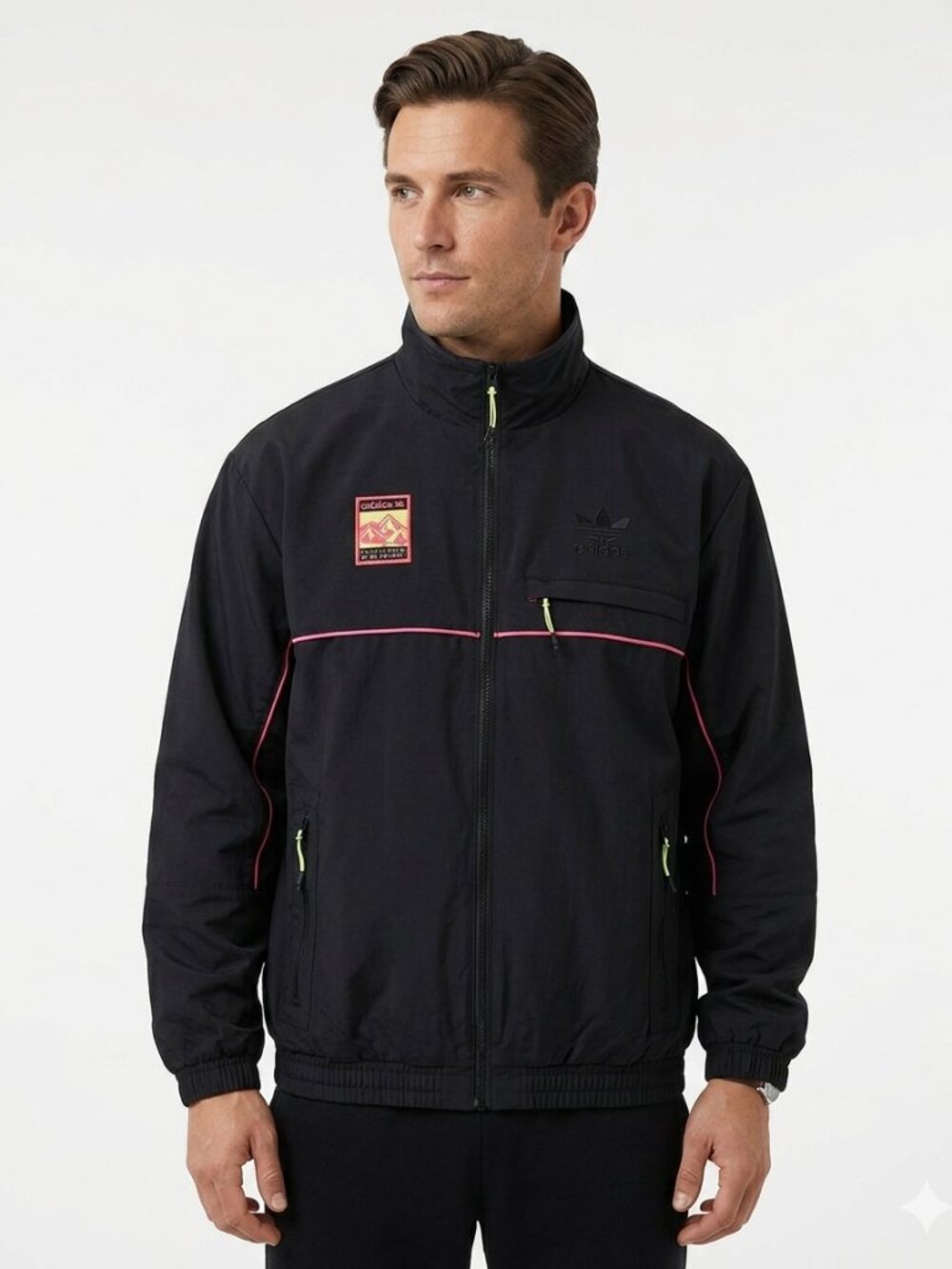 ADIDAS ORIGINALS MEN'S ADIPLORE BLACK PINK NEON ZIP UP NYLON TRACK TOP JACKET